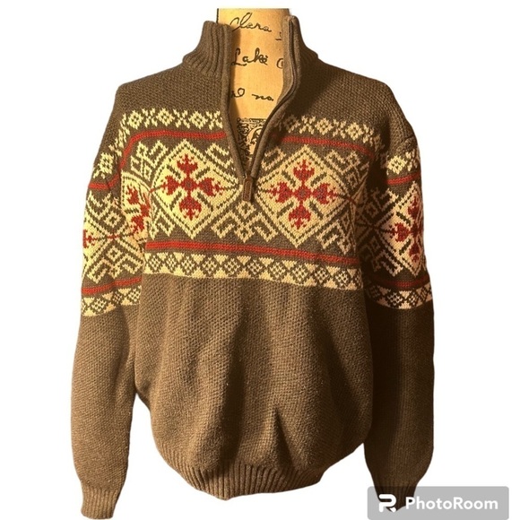 IZOD Heavy Warm 1/4 Zip Sweater Gray Red Cream 2XL - Picture 1 of 7